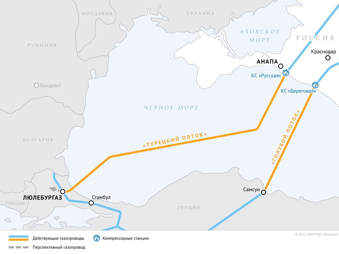 Схема газопроводов «Турецкий поток» и «Голубой поток»